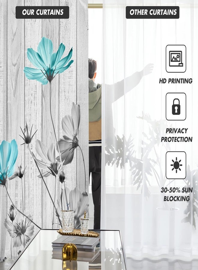 Kikiry Teal Floral Kitchen Curtains Mini 27.5''W x 39''L Patterned Gray Turquoise Flower Farmhouse Rustic Aqua Daisy Grey Short Small Cafe Room Rod Pocket Window Drapes Treatment Tiers Fabric 1 Pair - Image 3